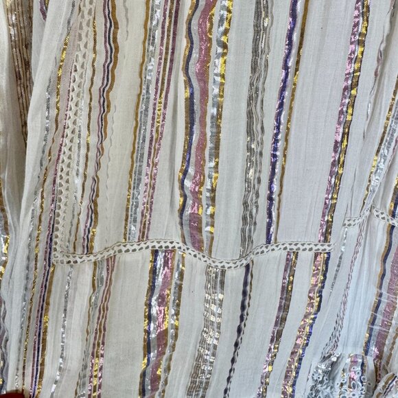 Sea New York Cream Metallic Striped Eyelet Ruffle Long Puff Sleeve Short Dress - Picture 13 of 17